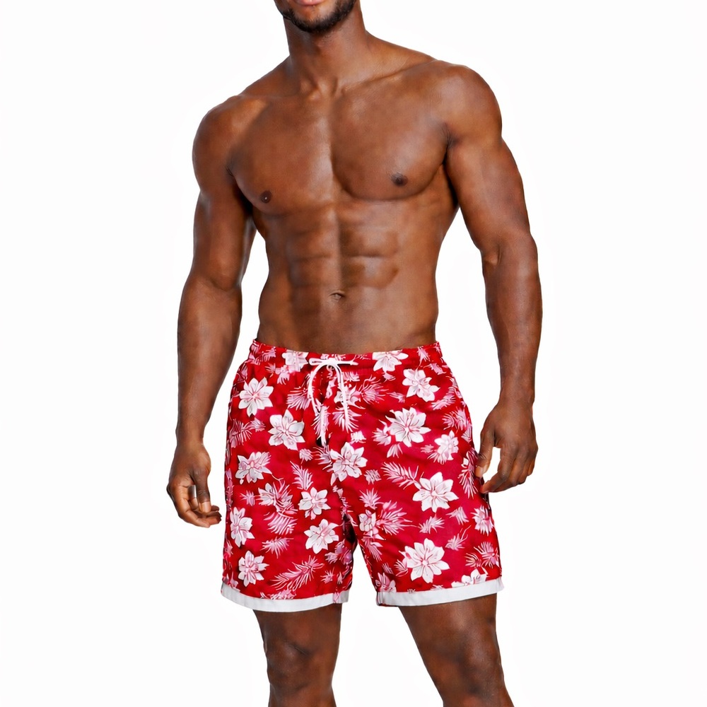 Land’s End Red & White Tropical Flower Men’s Swim Trunks Swimsuit Bottom